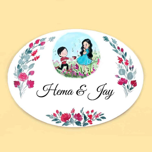 Garden Couple - Hand-painted Customized Name Plate - Oval
