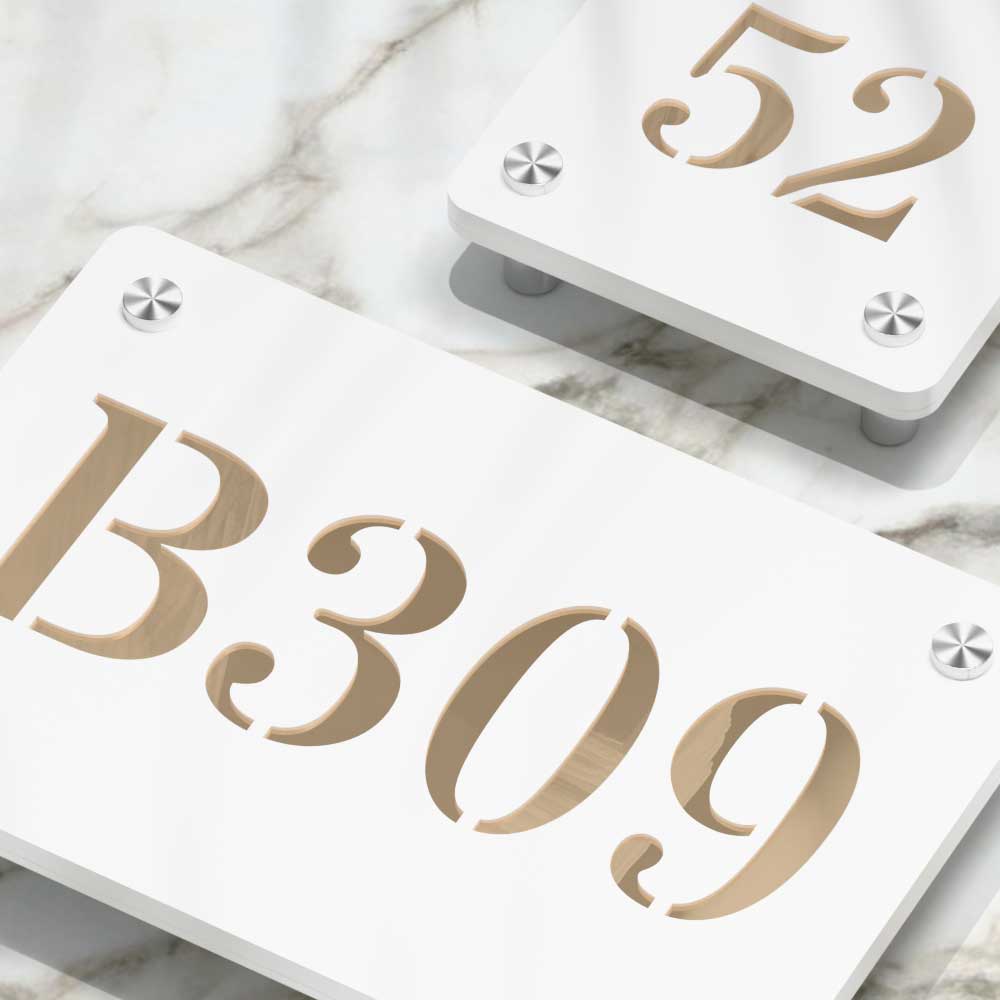 Strata Dualtone Number Sign - Matte White & Mirror Gold