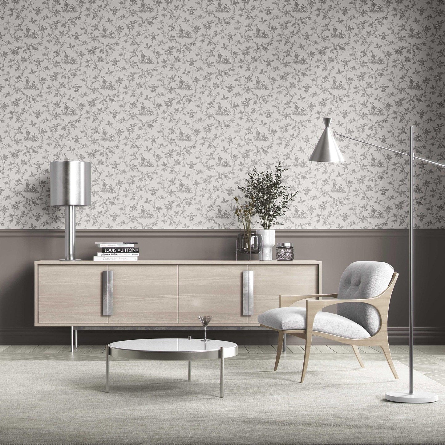 Oriental Reverie Wallpaper - Pewter Sketch