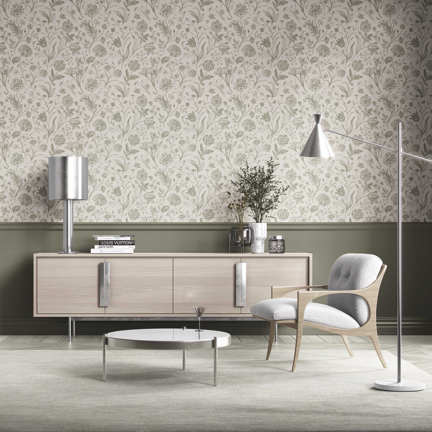 Garden Anthology Wallpaper - Olive Linework