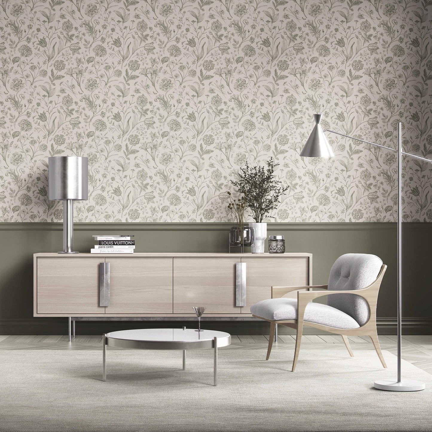 Garden Anthology Wallpaper - Olive Linework