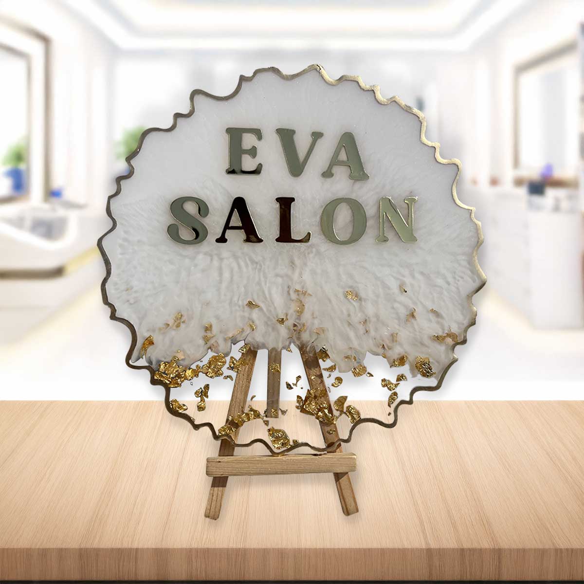 Eva Salon - Metallic White Resin Reception Signage