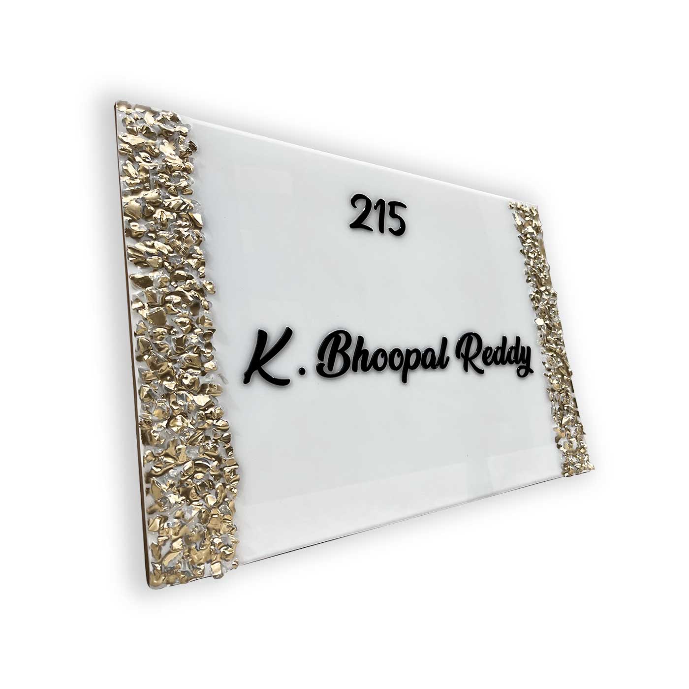 Bhoopal Reddy - White with Gold Crystal Resin Nameplate
