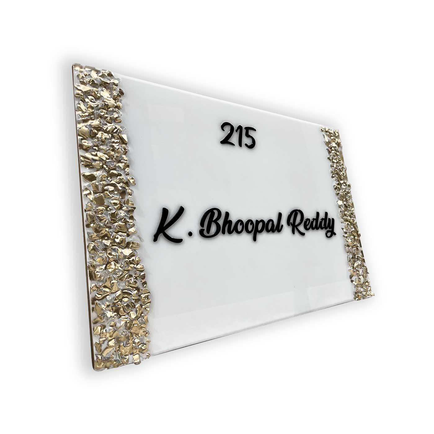 Bhoopal Reddy - White with Gold Crystal Resin Nameplate
