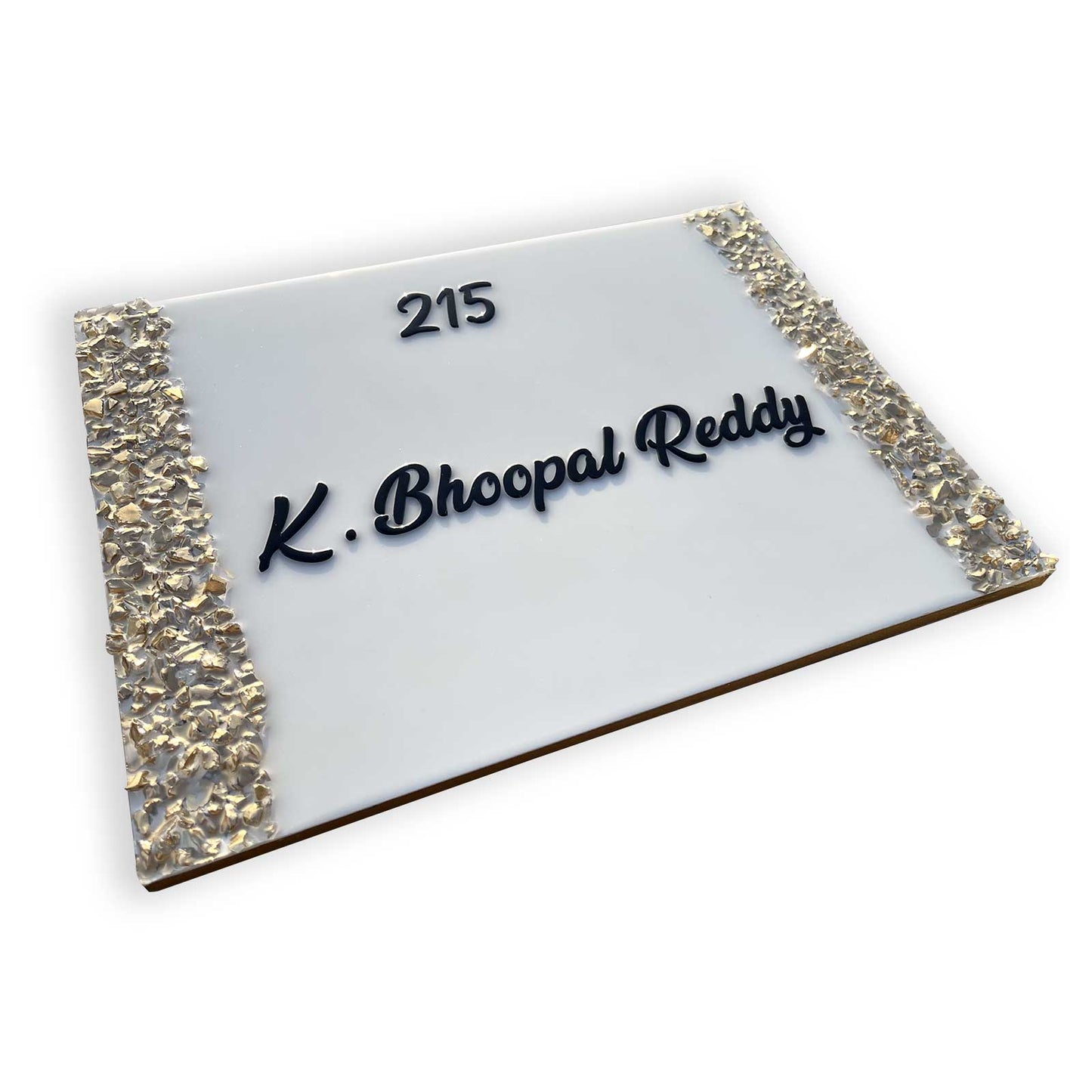 Bhoopal Reddy - White with Gold Crystal Resin Nameplate