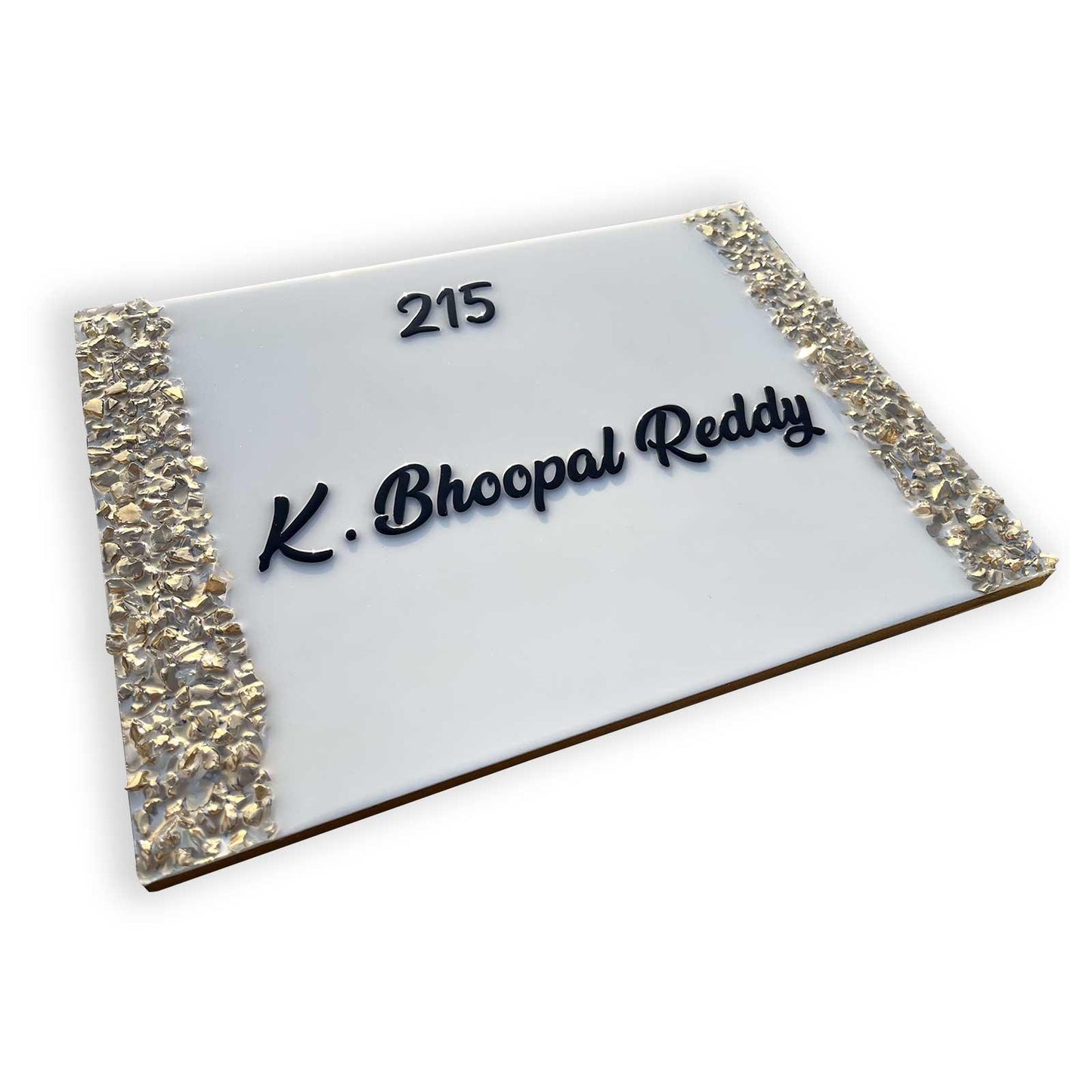Bhoopal Reddy - White with Gold Crystal Resin Nameplate