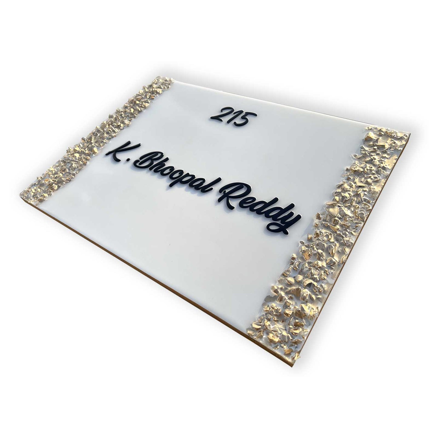 Bhoopal Reddy - White with Gold Crystal Resin Nameplate