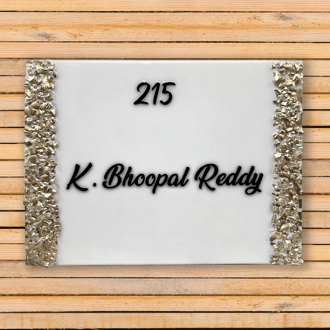 Bhoopal Reddy - White with Gold Crystal Resin Nameplate