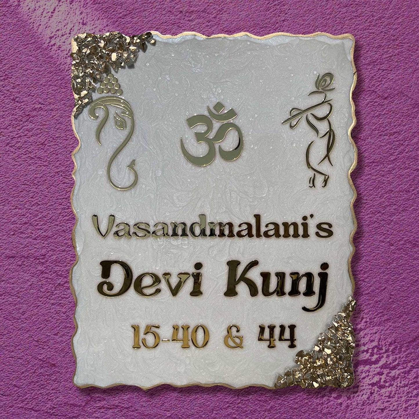 Vasandmalani's - Ganesha & Krishna Pearl White Swirl Resin Nameplate