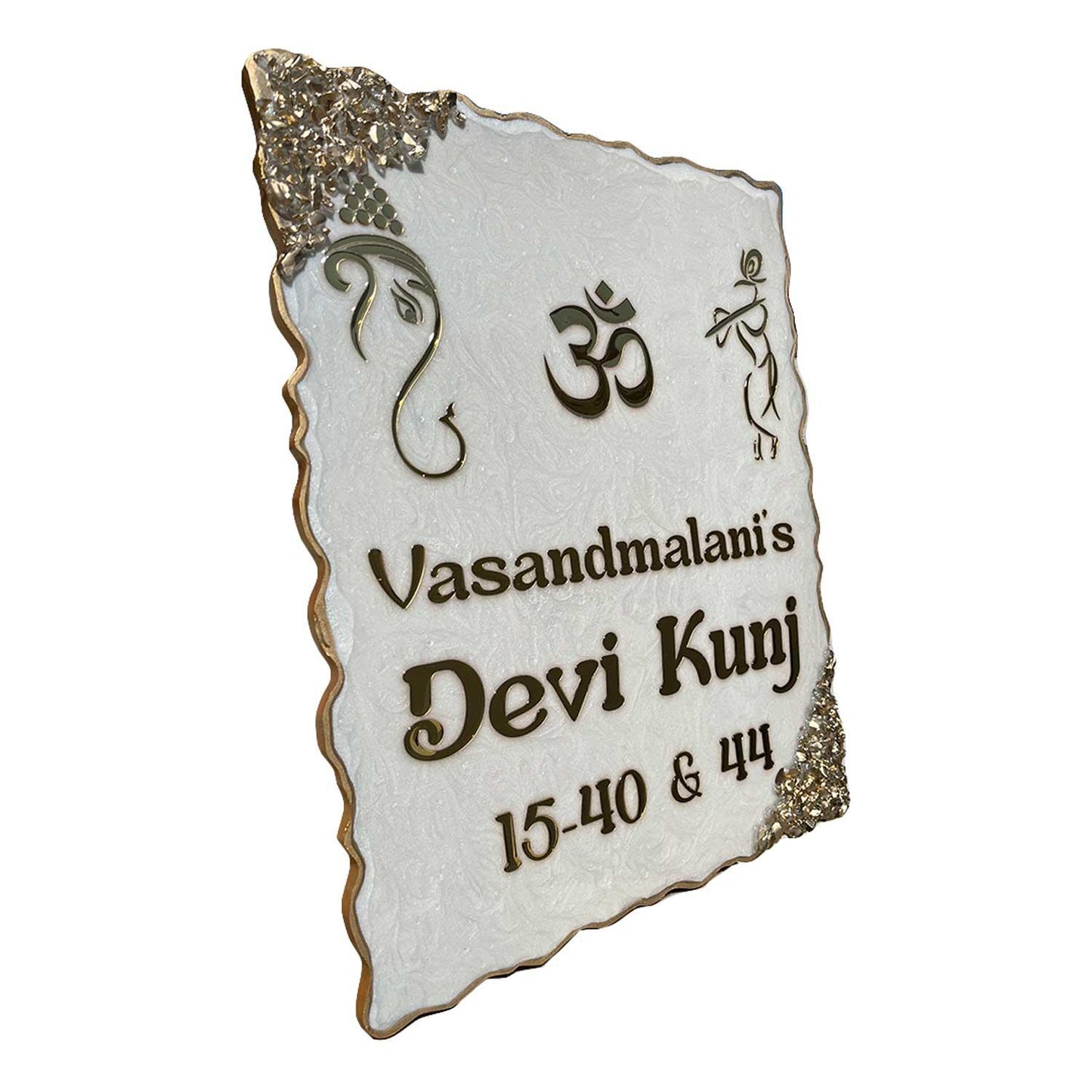 Vasandmalani's - Ganesha & Krishna Pearl White Swirl Resin Nameplate
