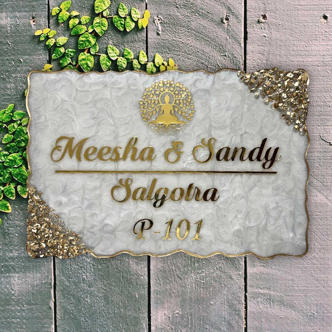 Salgotra's - Pearl White Swirl Design Resin Nameplate