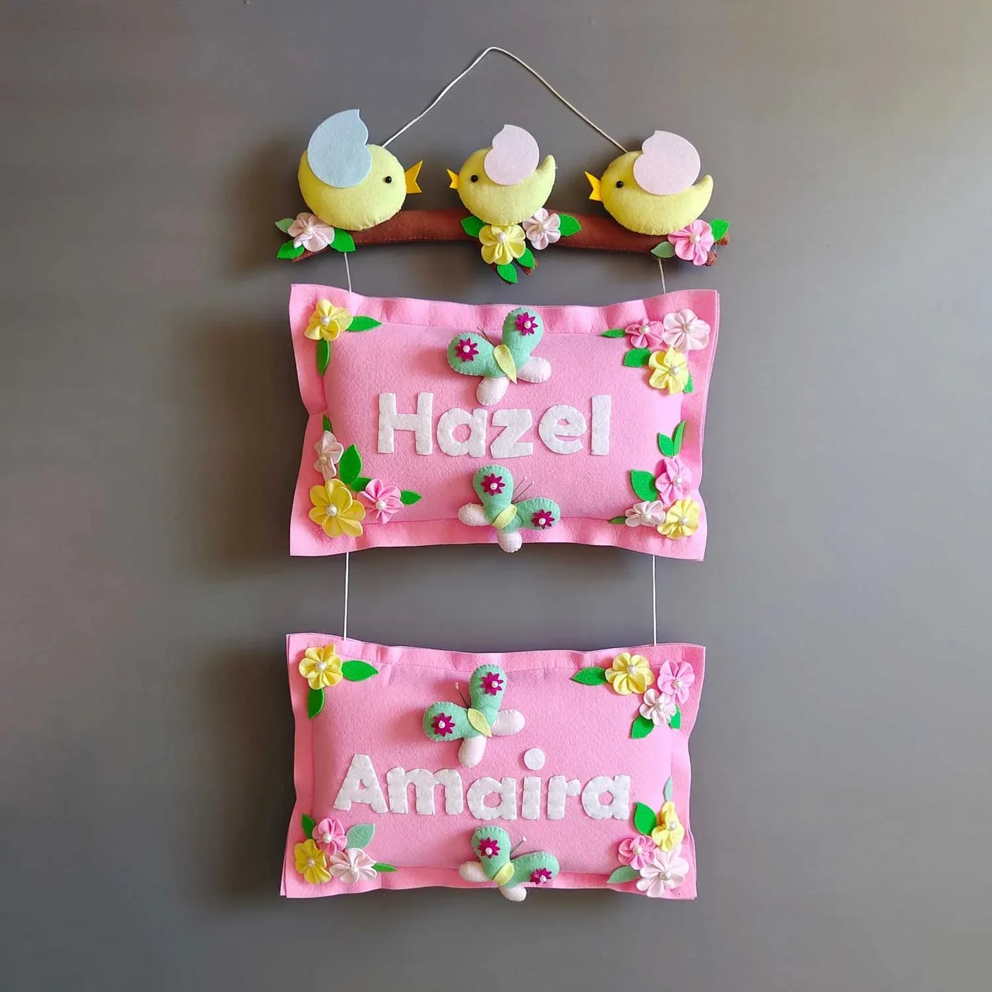 Bird Family with Two Pillows - Felt Name Plate for Siblings