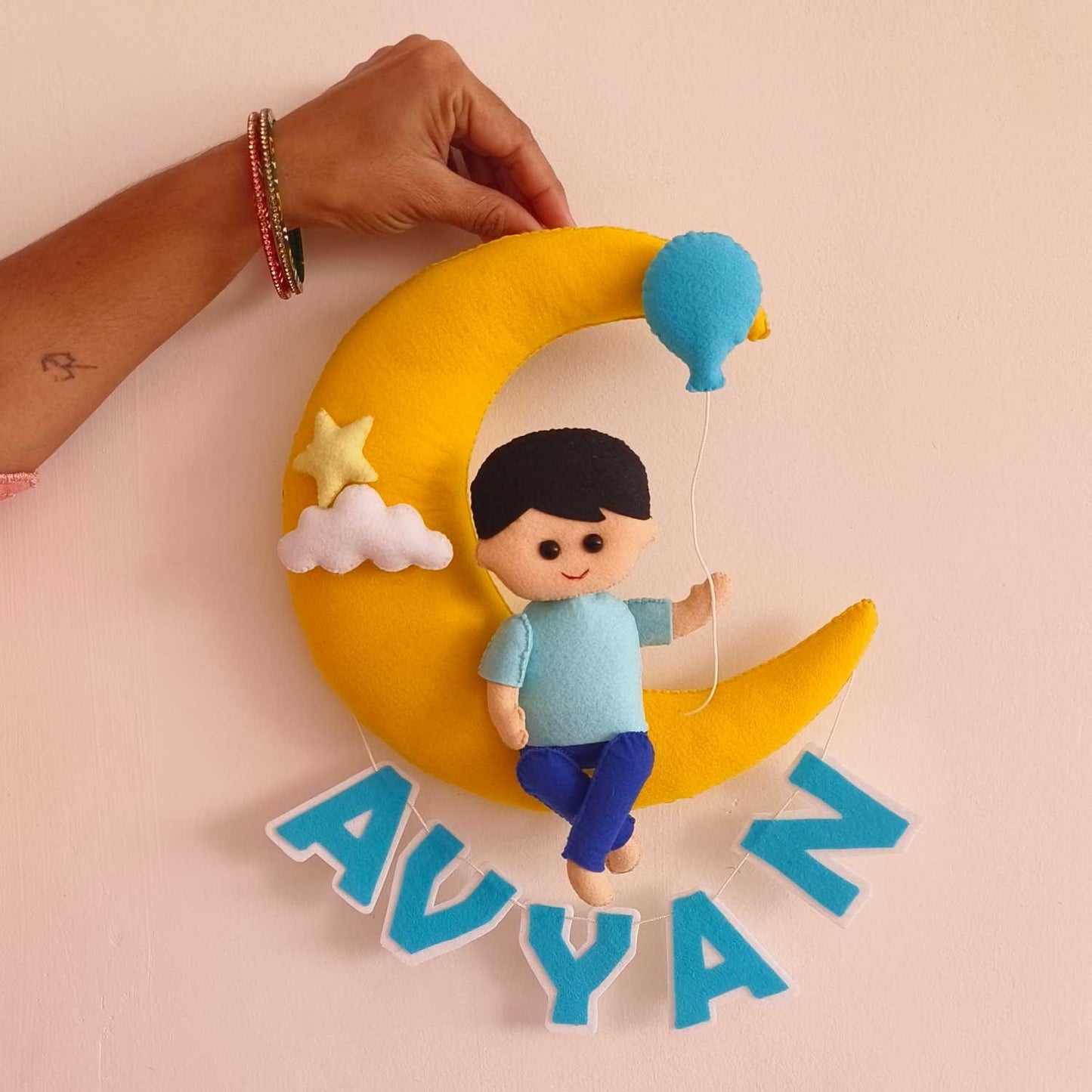 Personalized Felt Name Plate - Boy on the Moon
