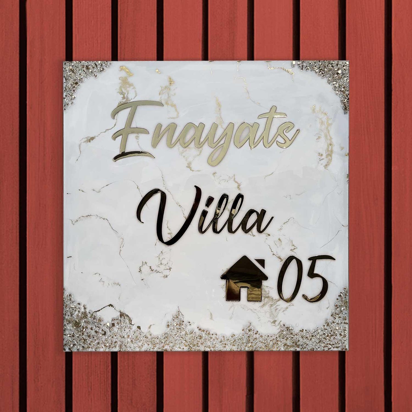 Enayats Villa - White and Gold Resin Nameplate - Housenama