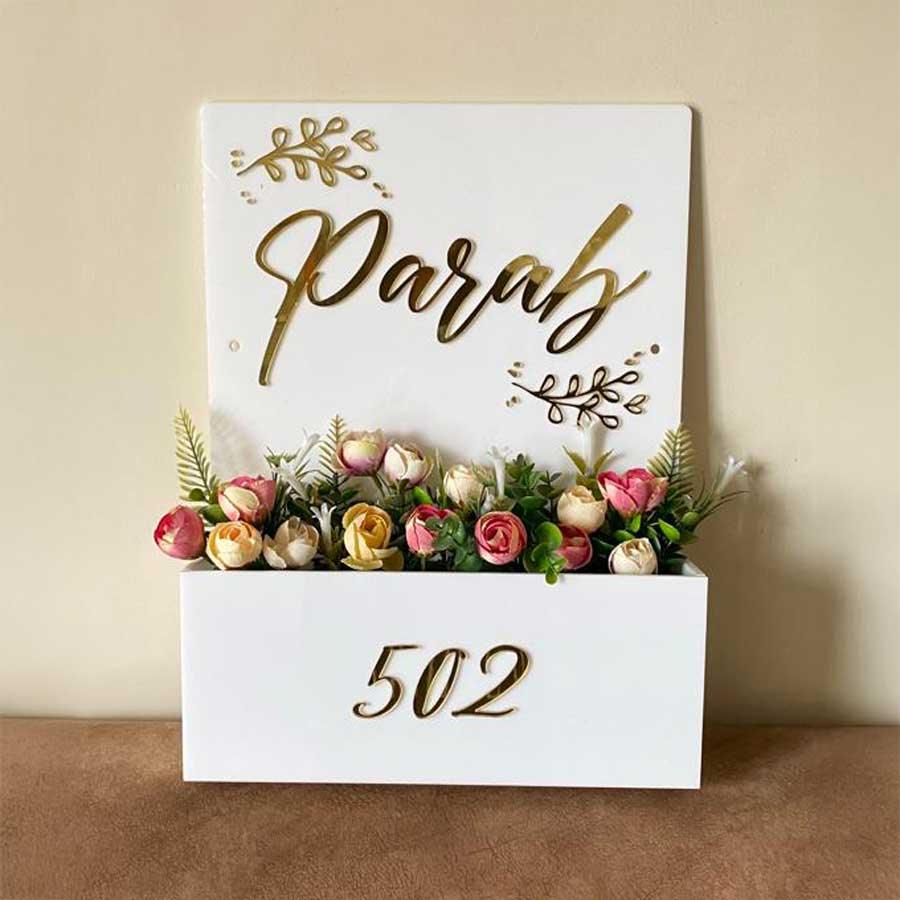 White Floral Planter Nameplate - Rectangle