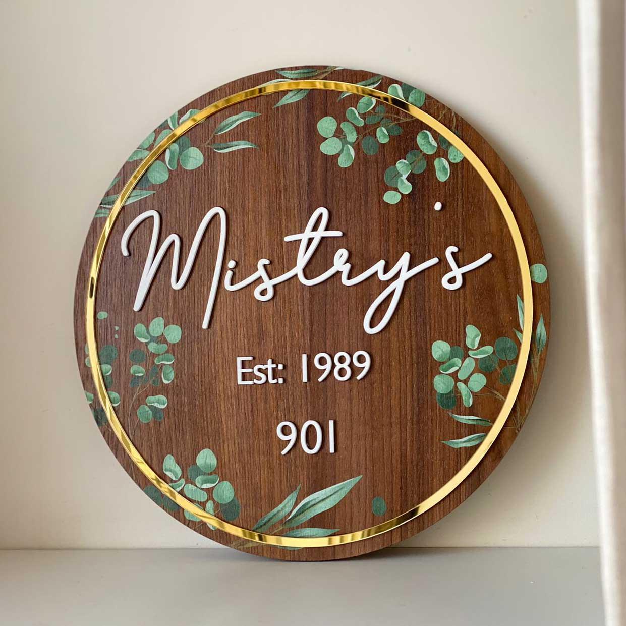 Floral Walnut & Golden Circle Nameplate