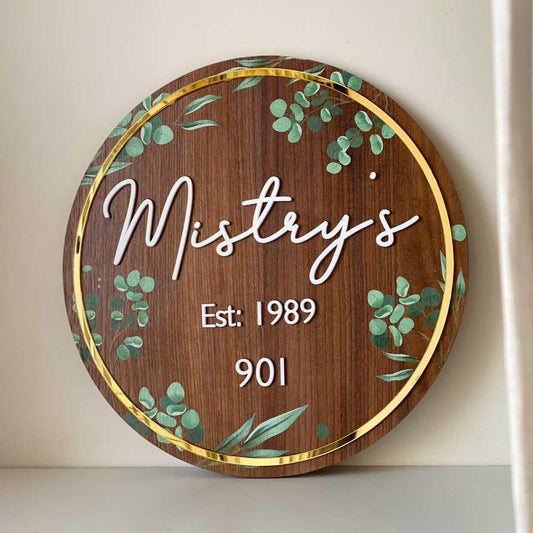 Floral Walnut & Golden Circle Nameplate
