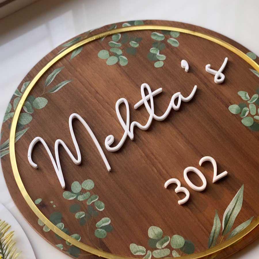 Floral Walnut & Golden Circle Nameplate