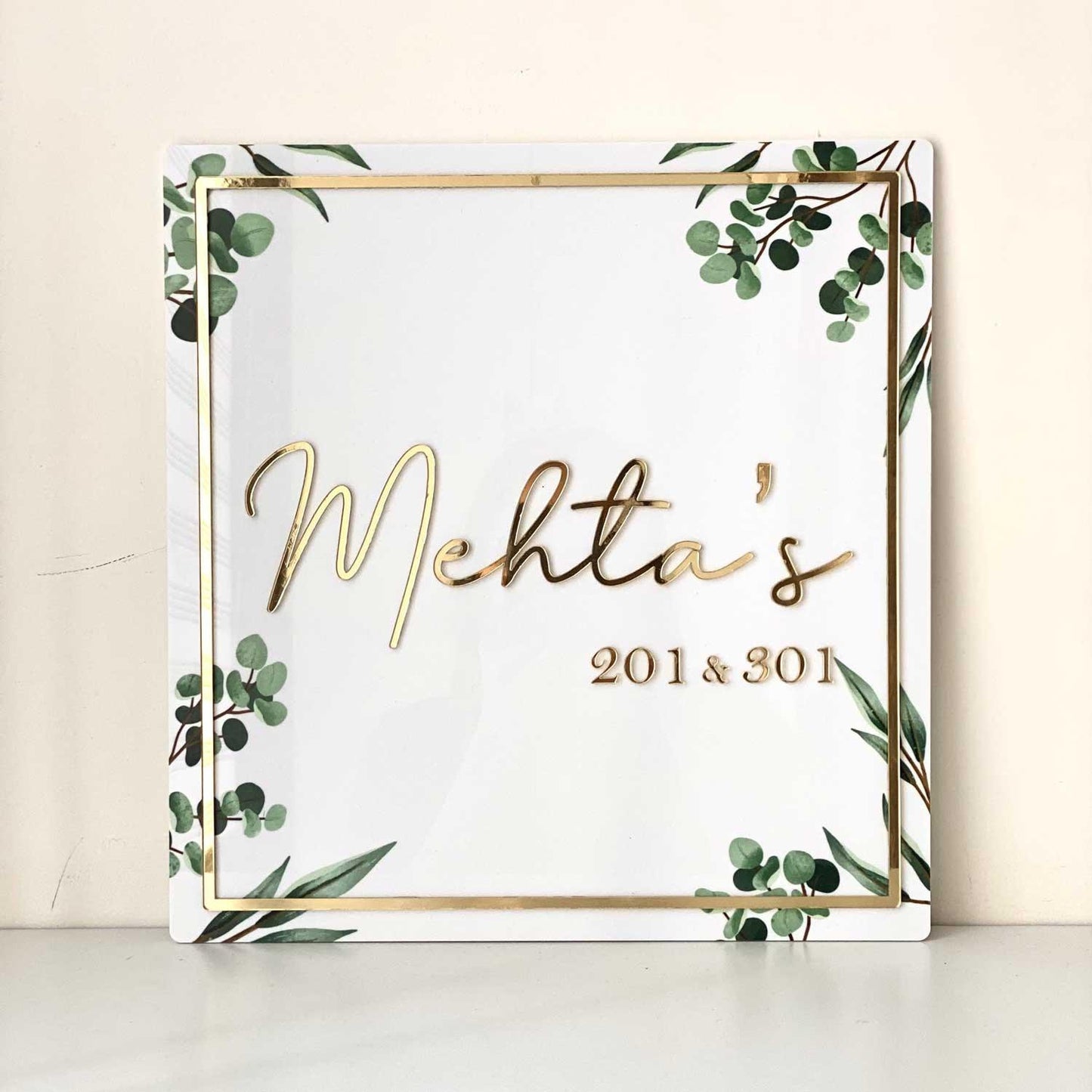 Floral White & Golden Square Nameplate