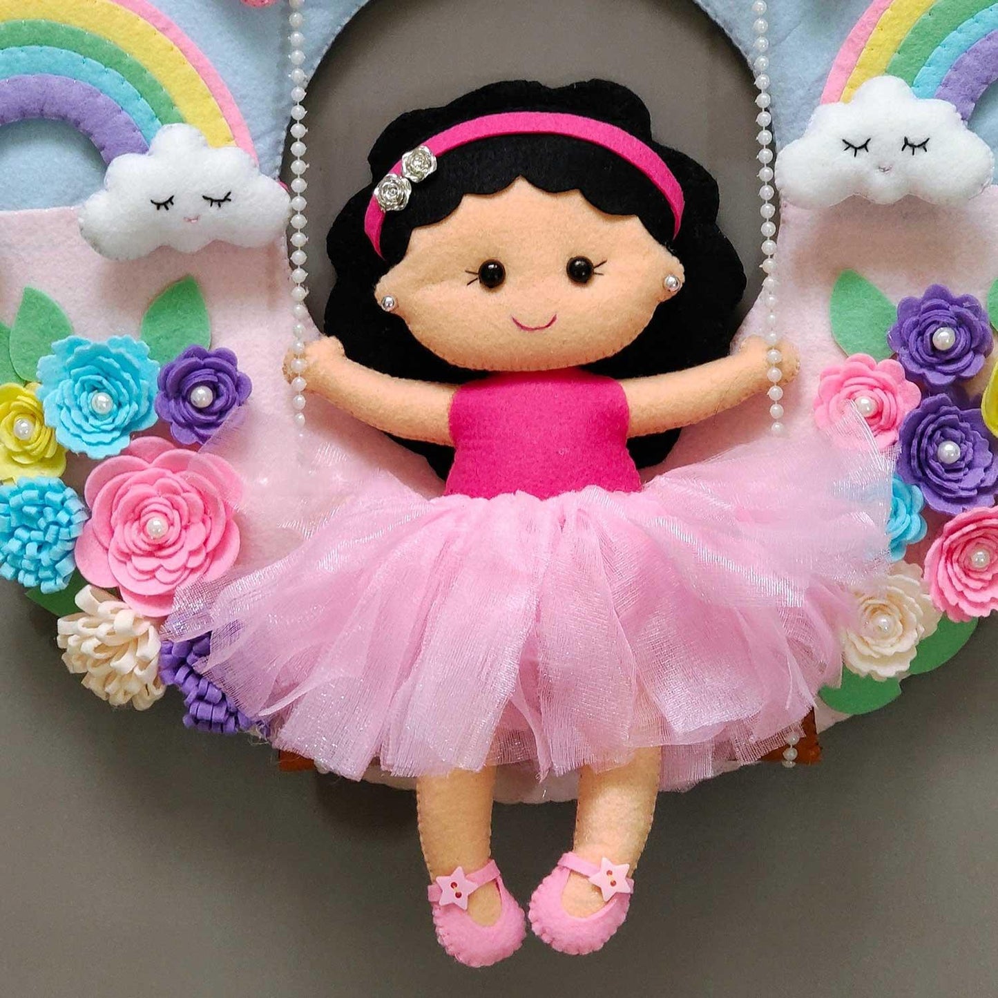 Personalized Felt Name Plate - Girl on Swing with Rainbow