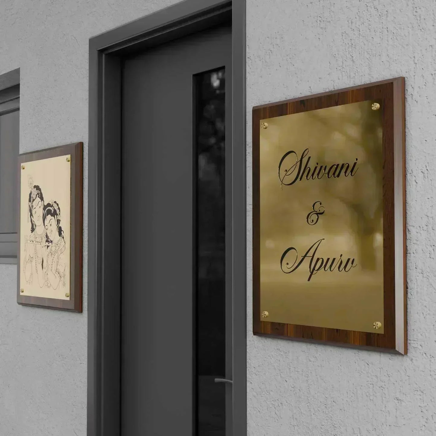 Golden Teak Harmony Nameplate - Radha Krishna