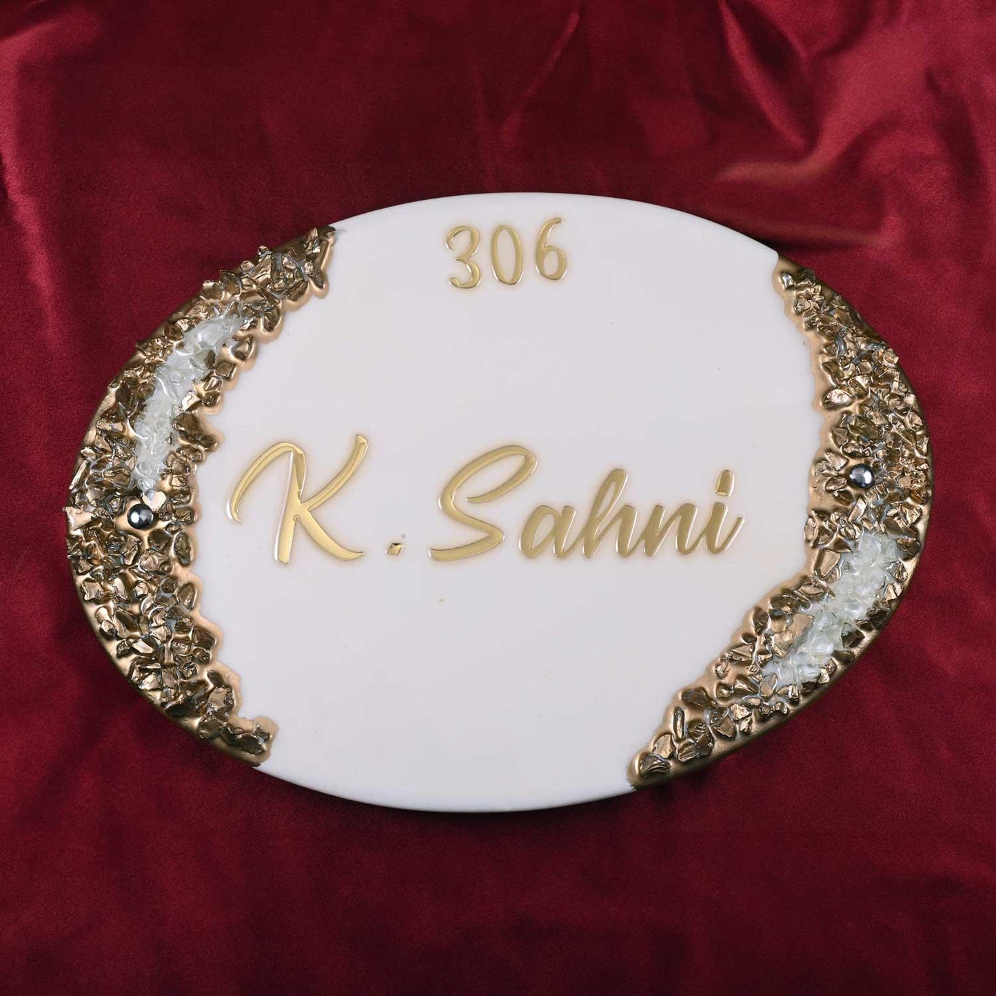 Sahni - Oval-shaped Off-white Resin Nameplate - Housenama