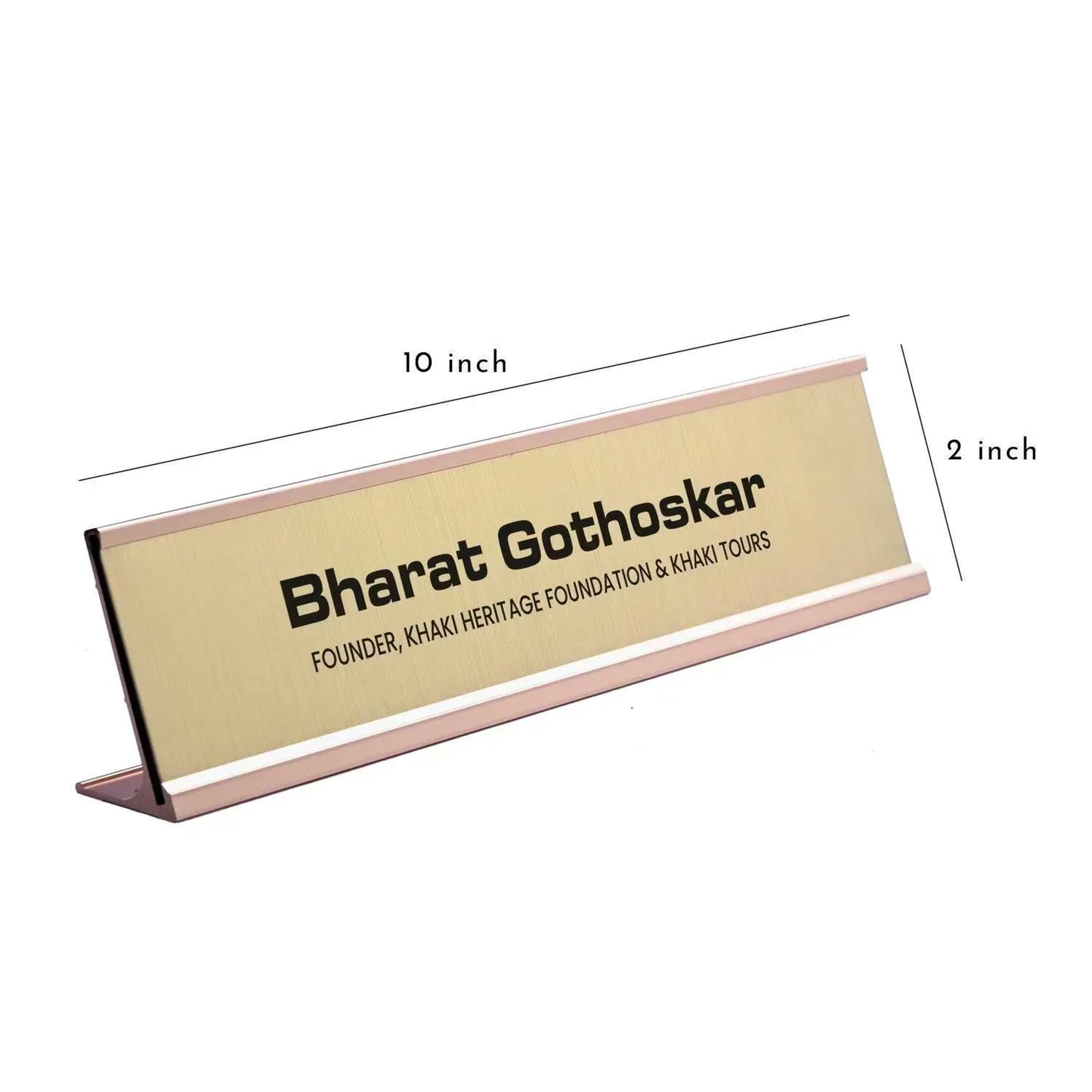 Slimline Classic Desk Name Plate - Rose Gold Stand, Gold Insert