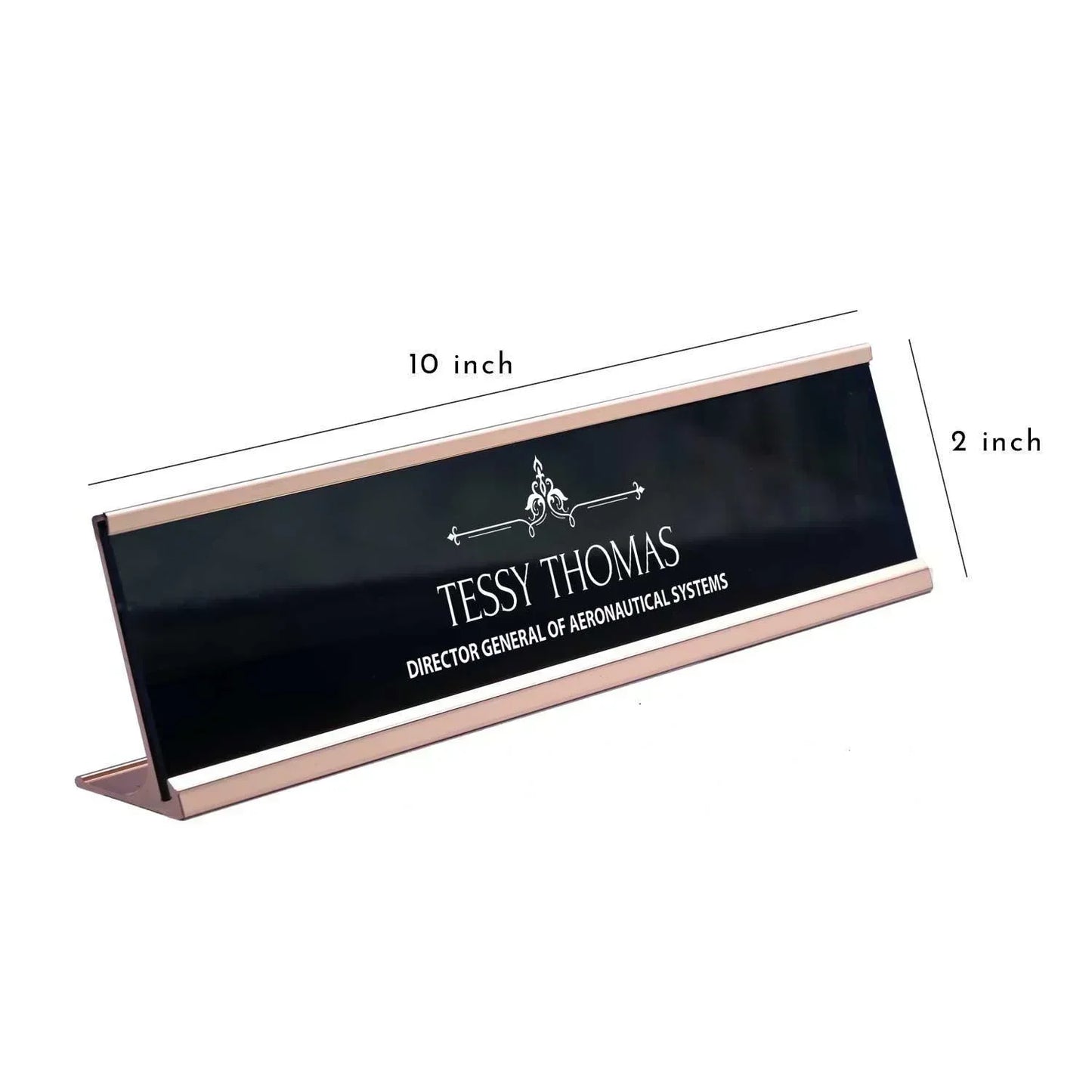 Slimline Royale Desk Name Plate - Rose Gold Stand, Black Insert