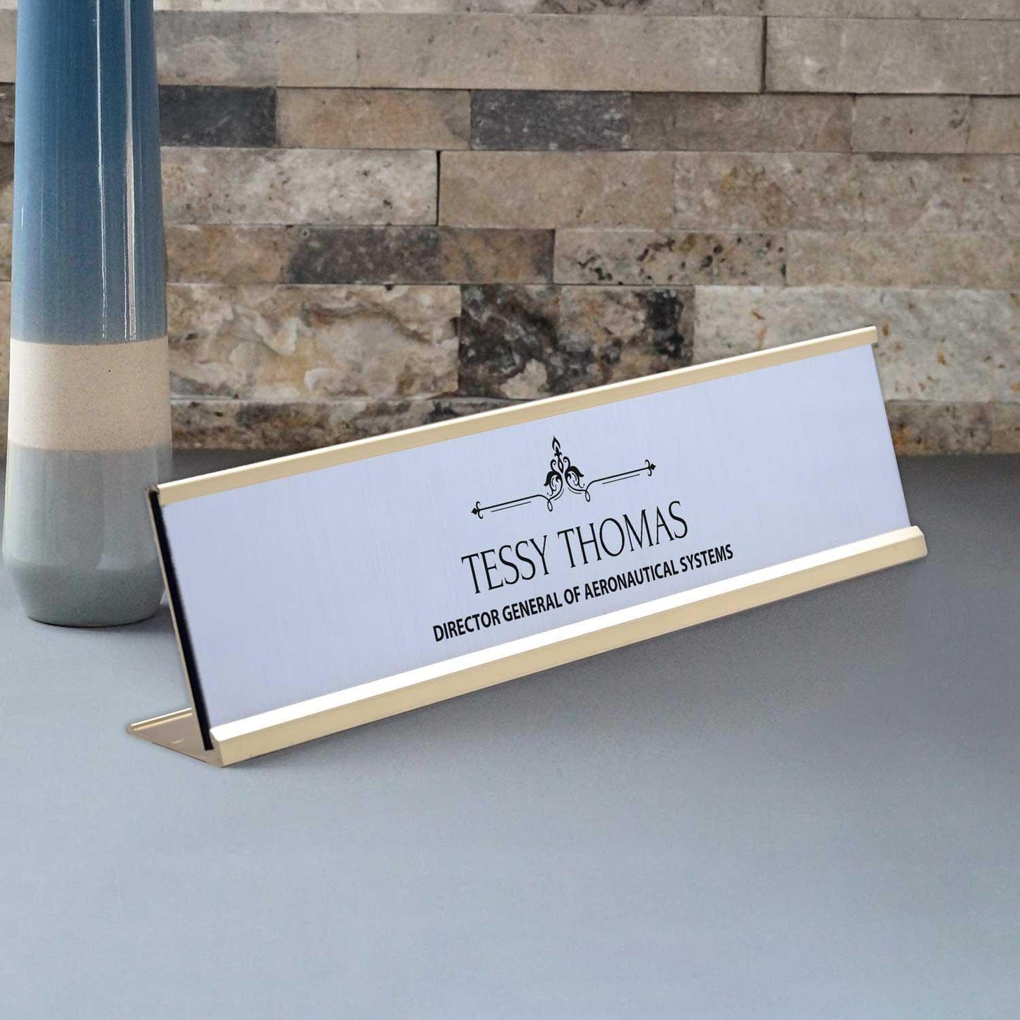Slimline Royale Desk Name Plate - Gold Stand, Silver Insert