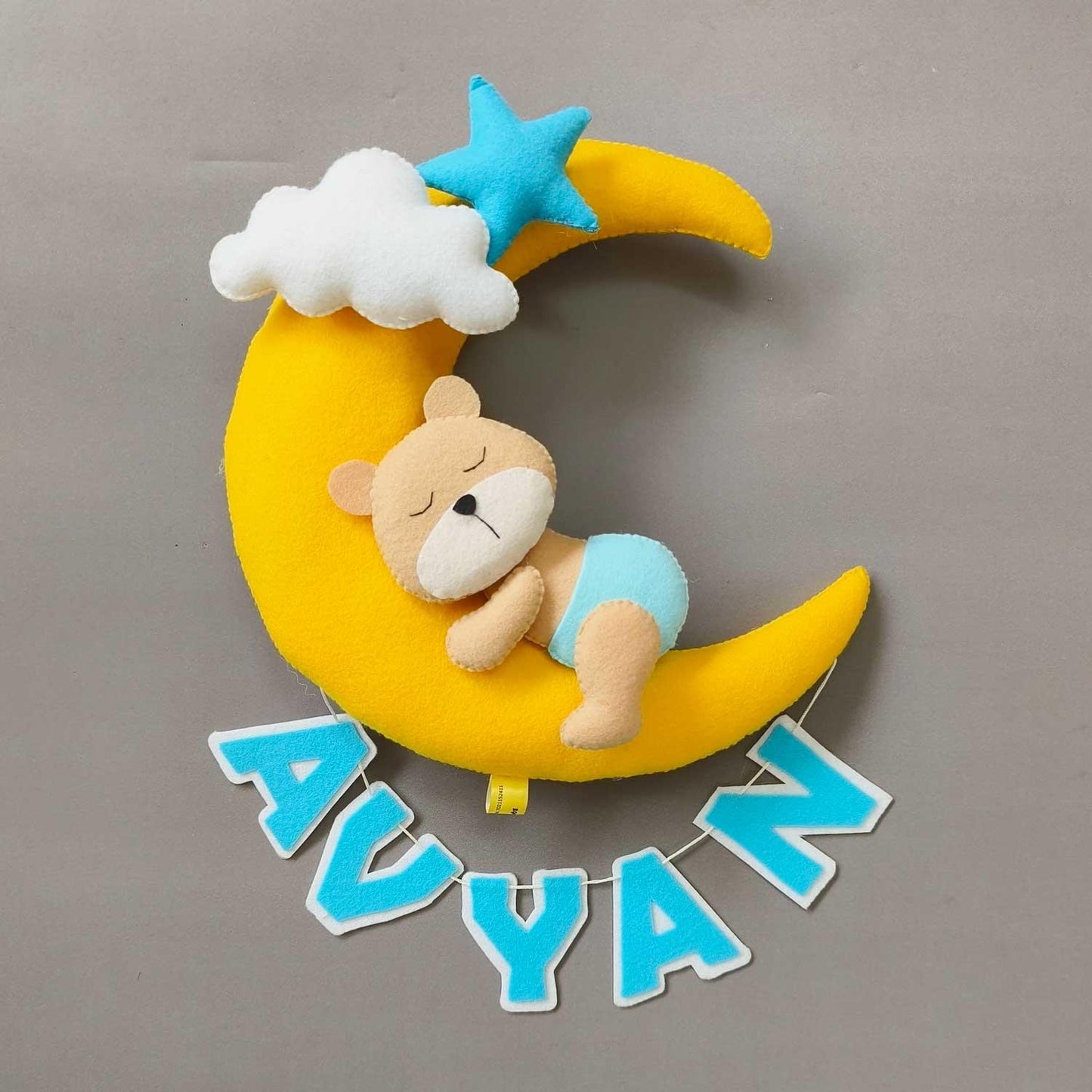 Personalized Felt Name Plate - Sleeping Teddy on the Moon