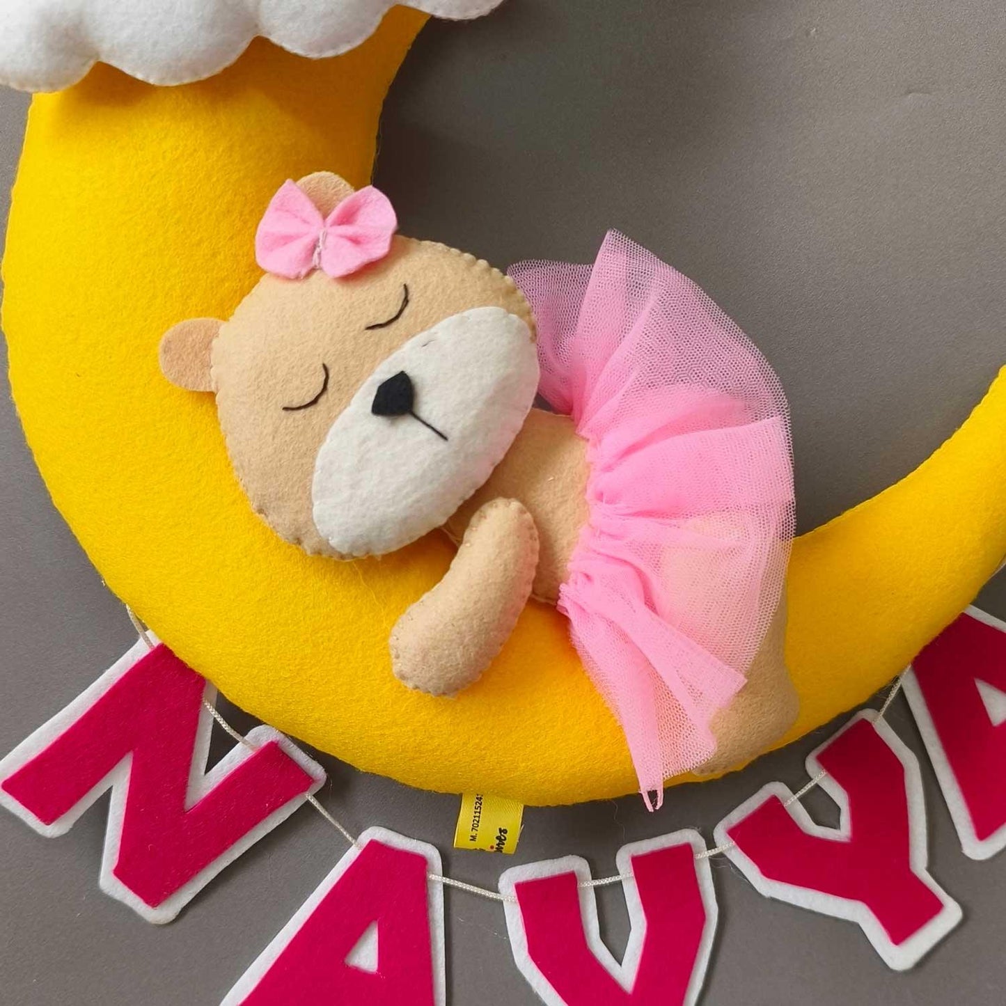 Personalized Felt Name Plate - Sleeping Teddy on the Moon