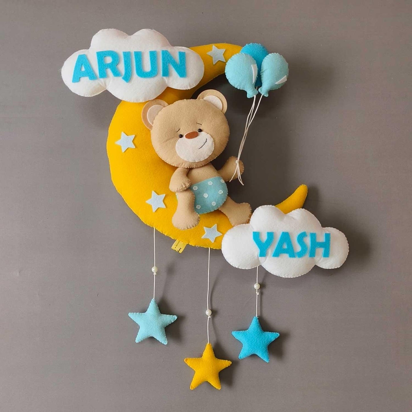 Teddy on the Moon - Felt Name Plate for Siblings