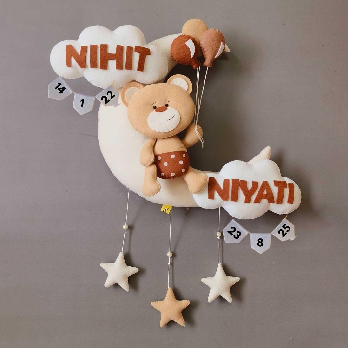 Teddy on the Moon - Felt Name Plate for Siblings