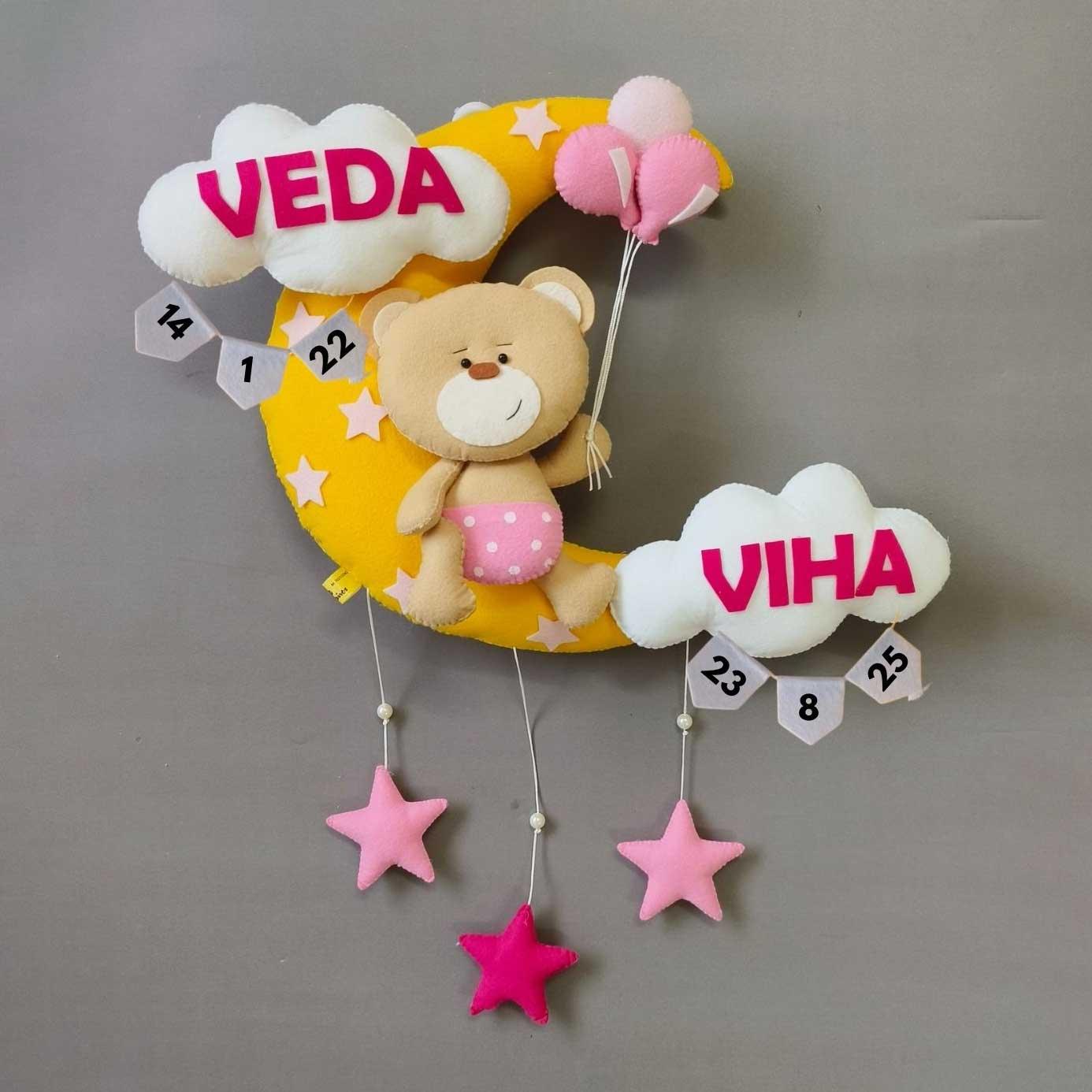 Teddy on the Moon - Felt Name Plate for Siblings