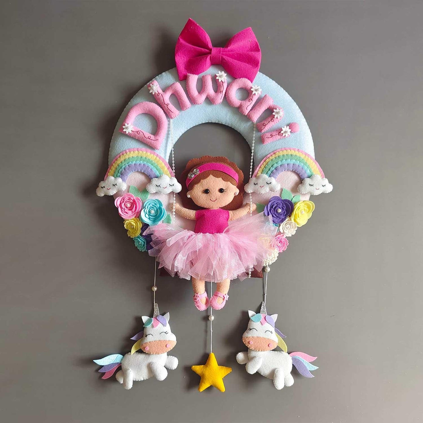 Personalized Felt Name Plate - Girl on Swing with Rainbow & Unicorns