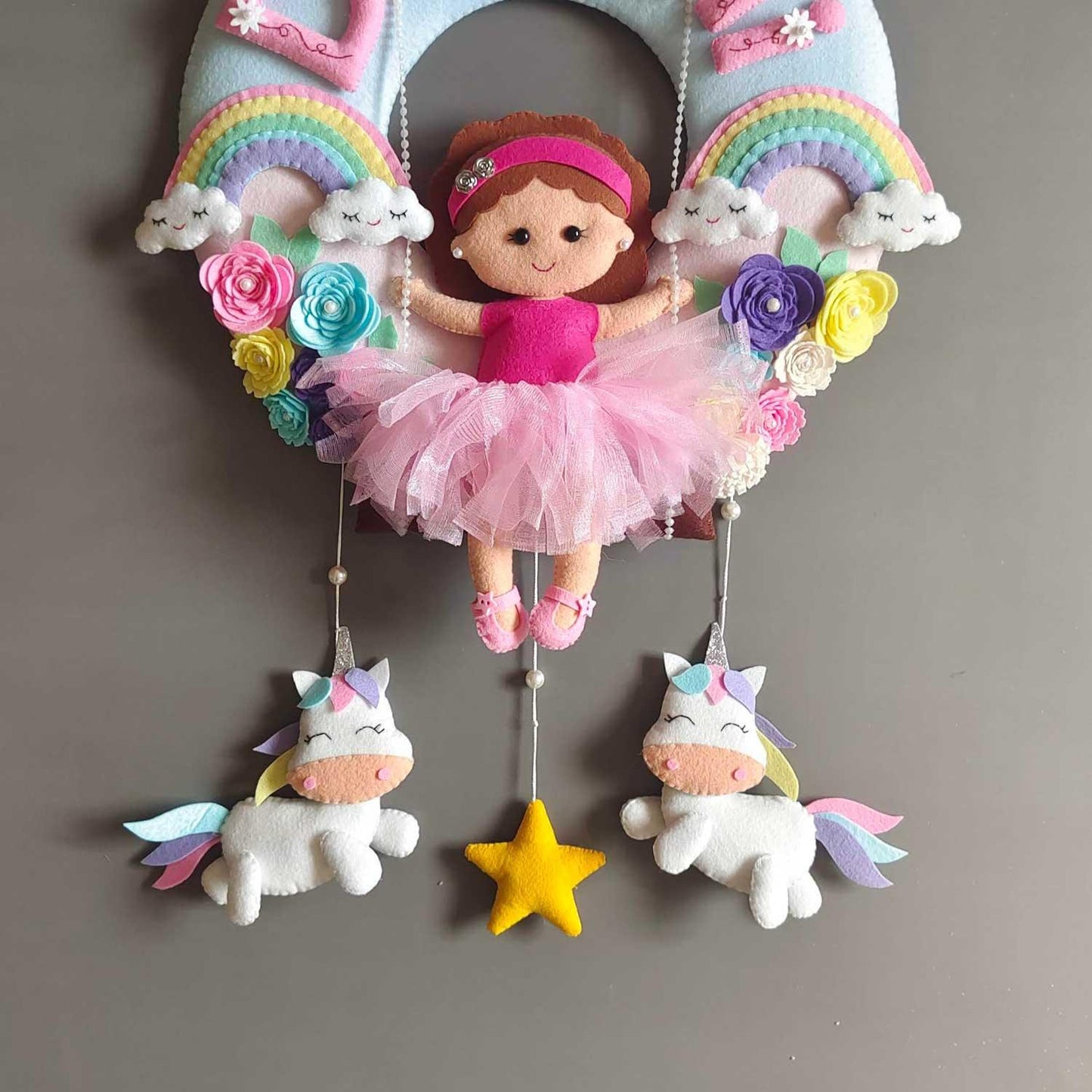 Personalized Felt Name Plate - Girl on Swing with Rainbow & Unicorns