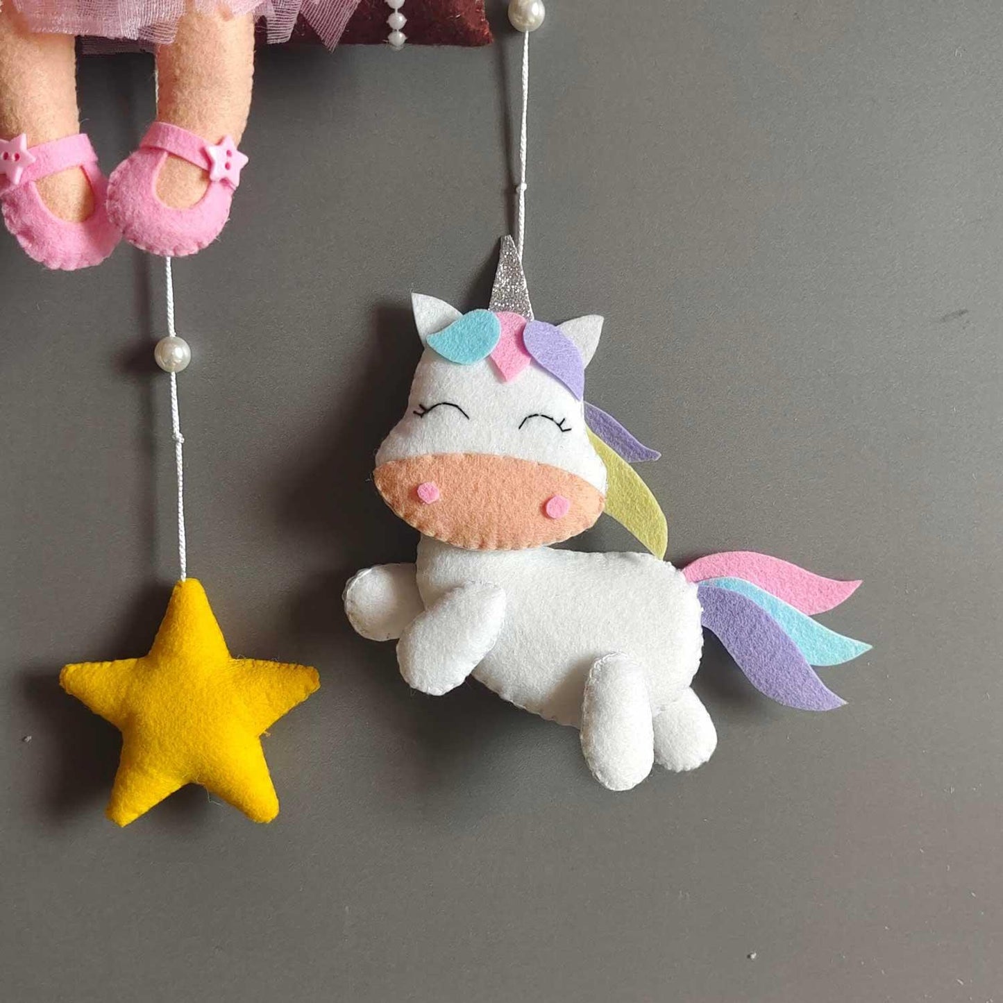 Personalized Felt Name Plate - Girl on Swing with Rainbow & Unicorns