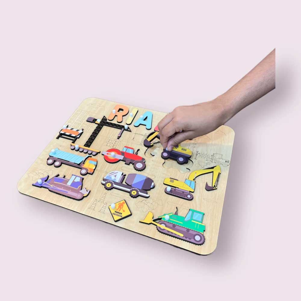 Personalised Wooden Name Puzzle - Vibrant Construction Site