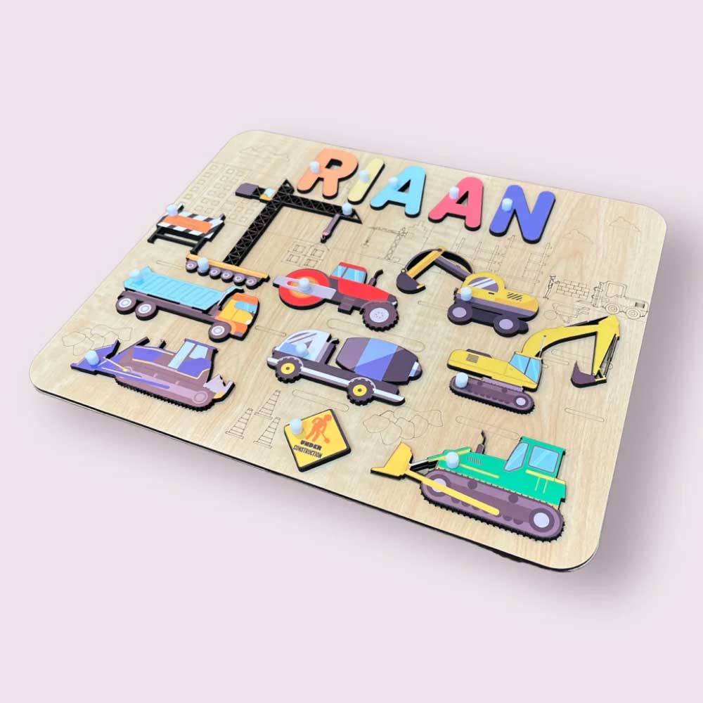Personalised Wooden Name Puzzle - Vibrant Construction Site
