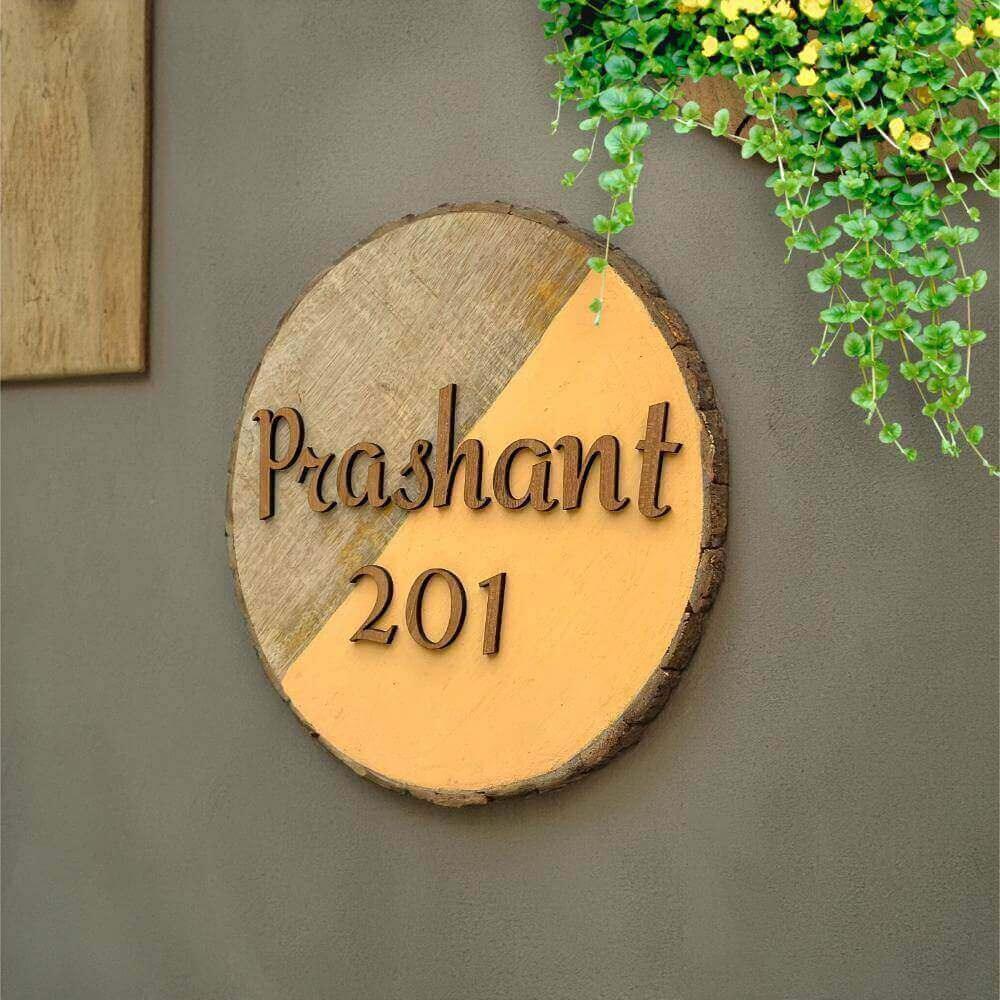 Wood Ochre - Modern Minimal Handcrafted Round Nameplate - Housenama