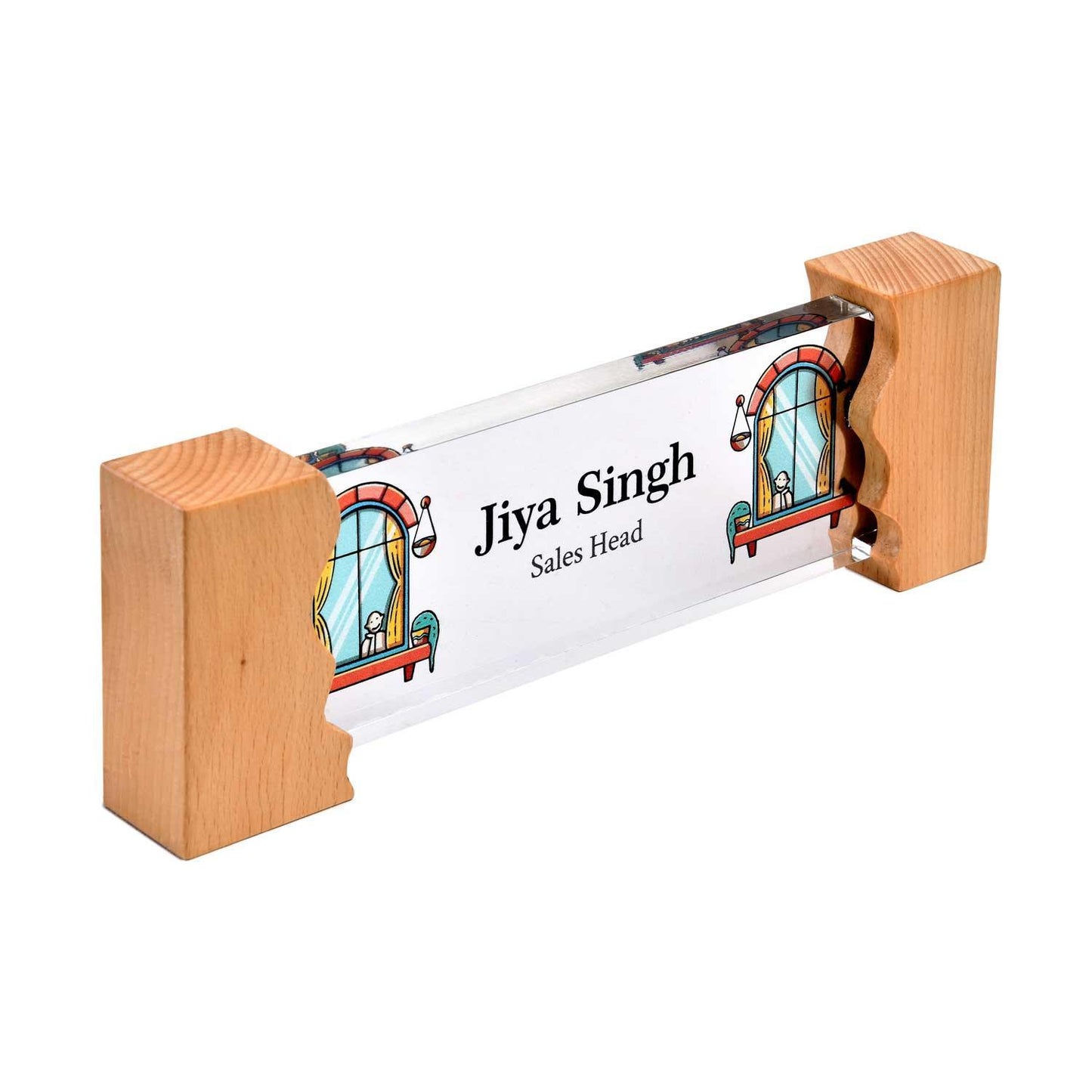 Arched Windows Desk Name Plate with Wooden Stand - Housenama