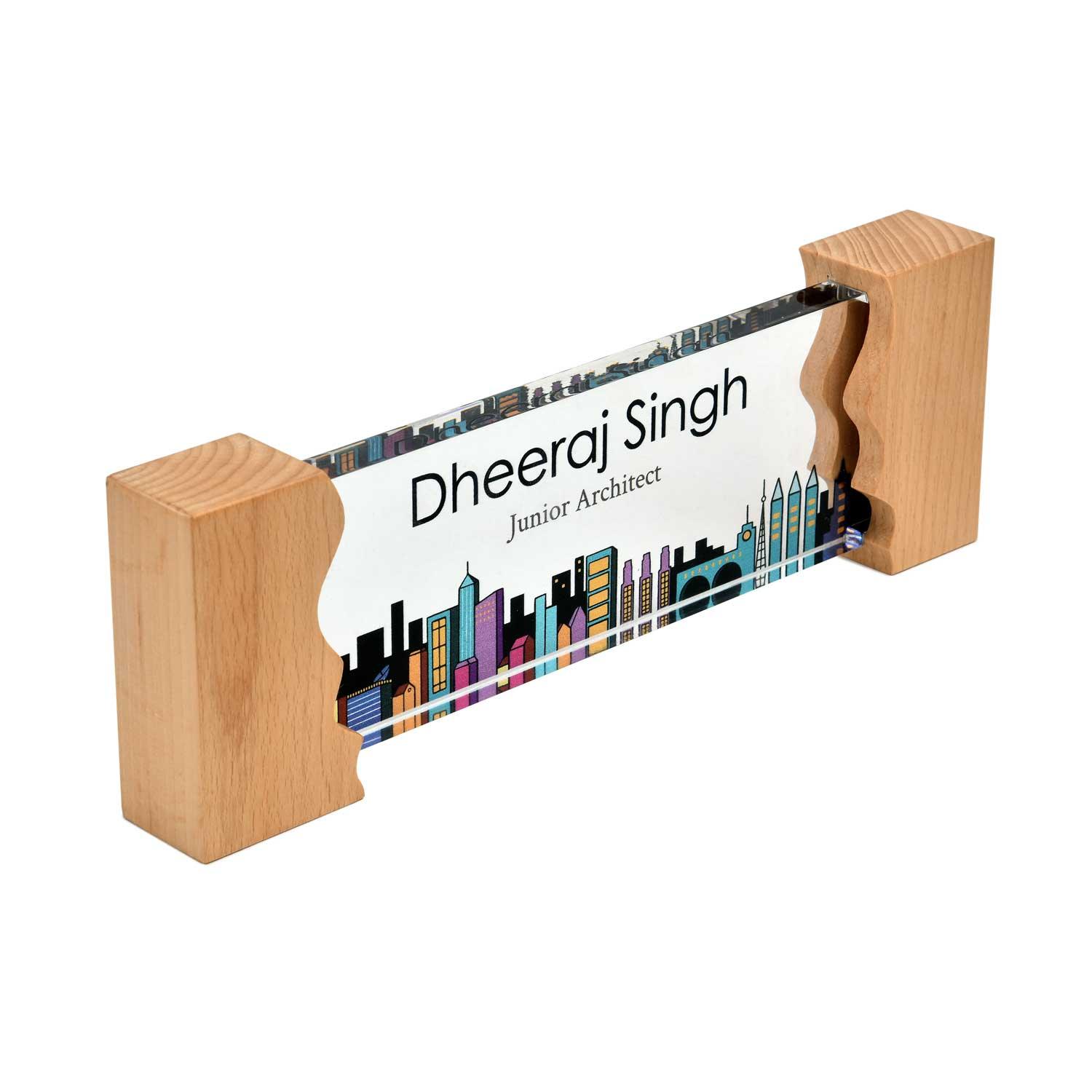 Cityscape Desk Name Plate with Wooden Stand - Housenama