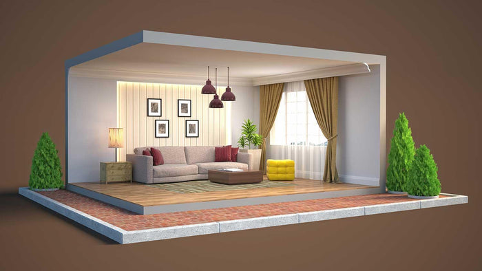 3d illustration interior of the living room in a box