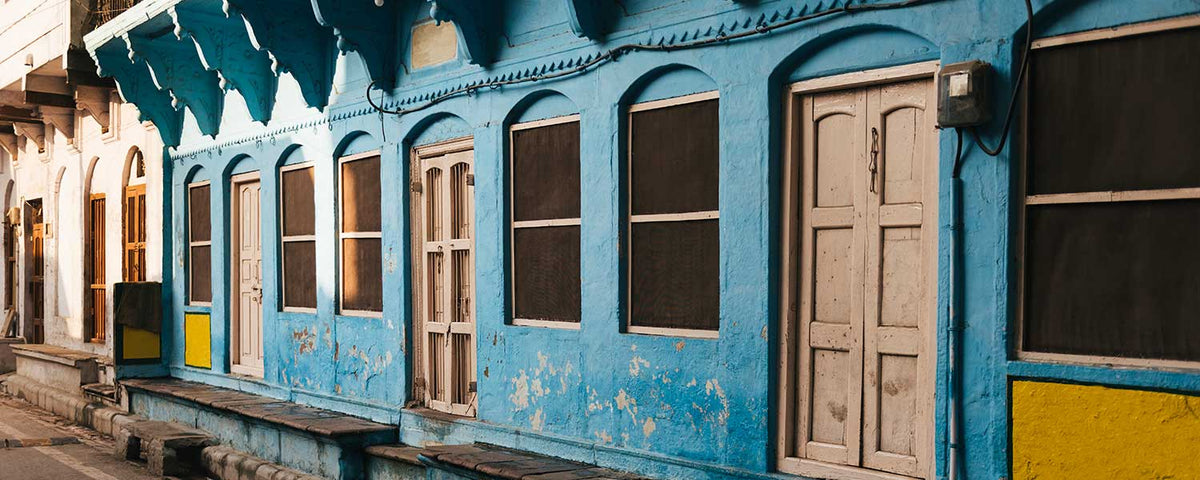 Blue building in the city of Varanasi, India