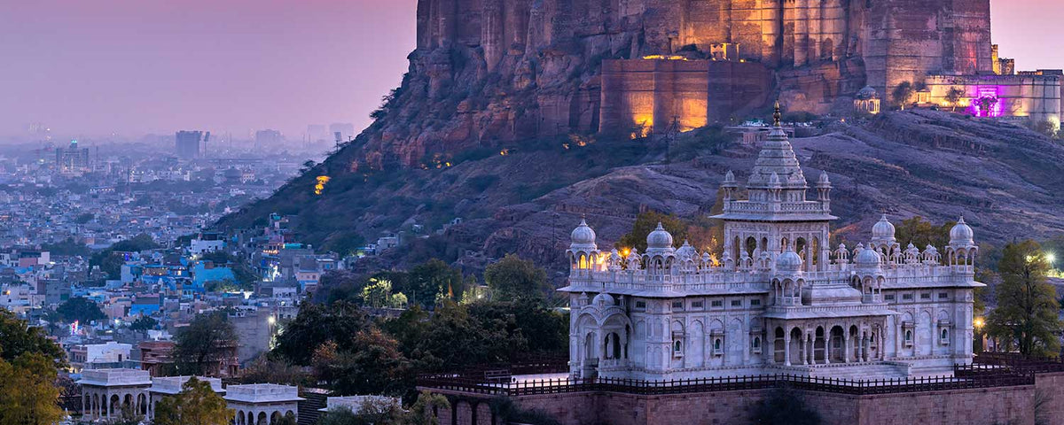 The Jaswant Thada and Mehrangarh Fort in background at sunset in Jodhpur
