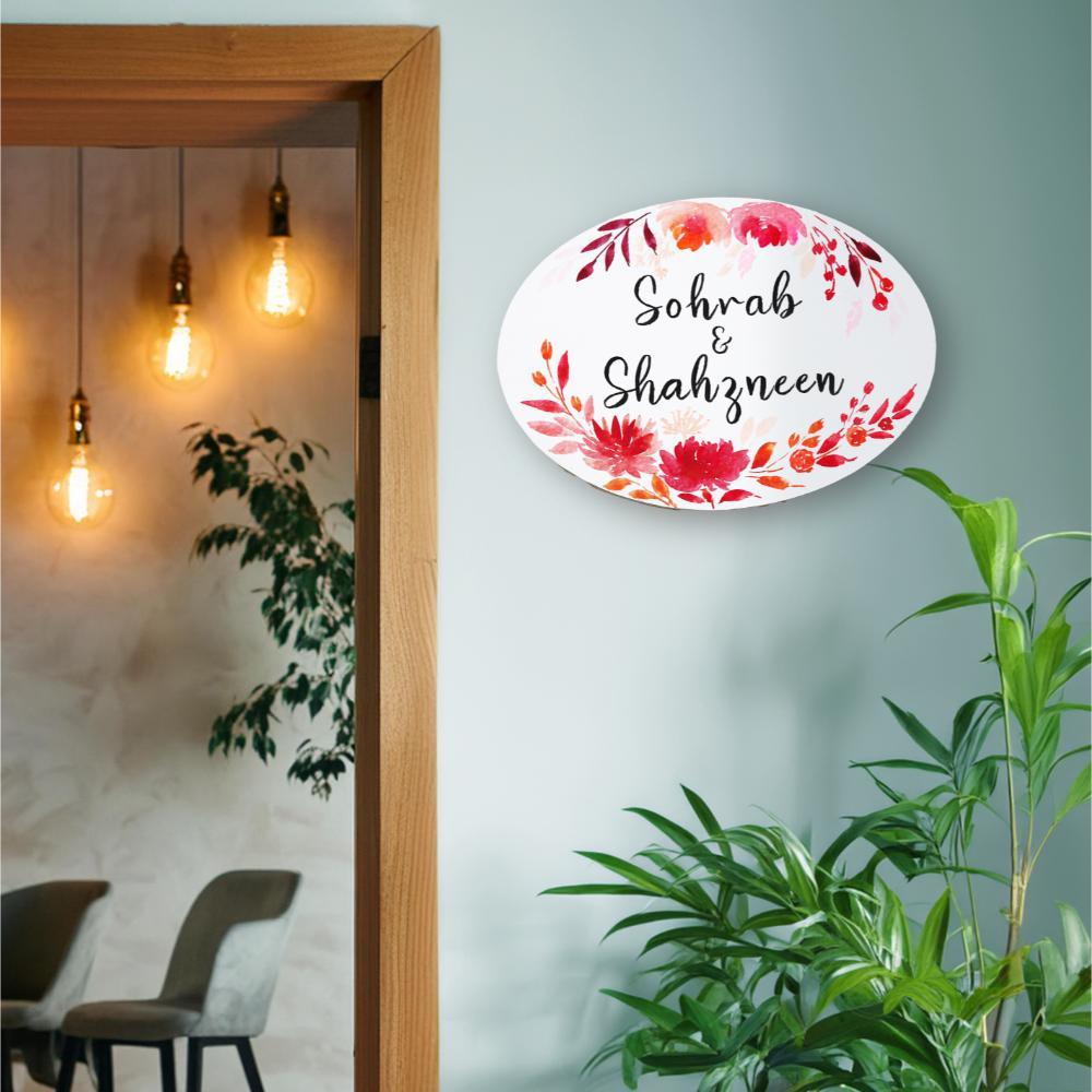 Red Flowers - Hand-painted Floral Nameplate - Oval