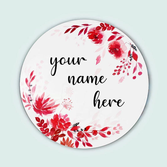 Red Flowers - Hand-painted Floral Nameplate - Round