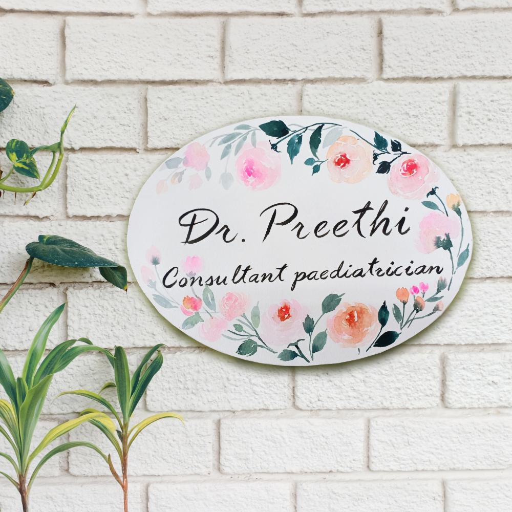 Graceful Blossoms - Hand-painted Floral Nameplate - Oval