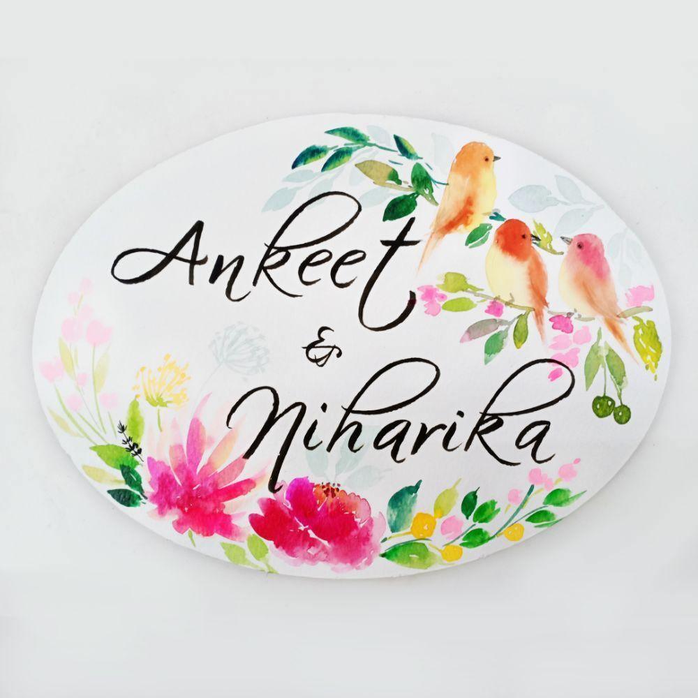 Perching Birds - Hand-painted Floral Nameplate - Oval