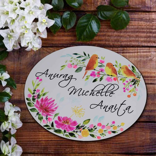 Perching Birds - Hand-painted Floral Nameplate - Oval